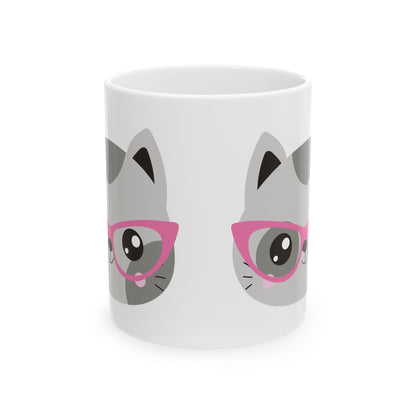 Cat with Pink Glasses Ceramic Mug — Cute Cat Lover Coffee Cup 11oz  Item #869499