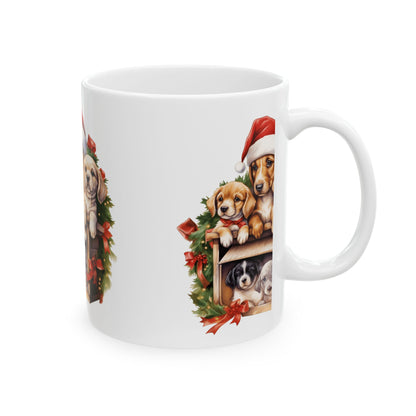 Christmas Puppy Mug – Cute Puppies in Santa Hats Ceramic Coffee Cup 11oz   Item #453285