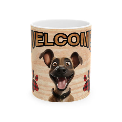 Welcome Dog Illustration Ceramic Mug – Cute Paw Print Coffee Cup 11oz    Item #472347