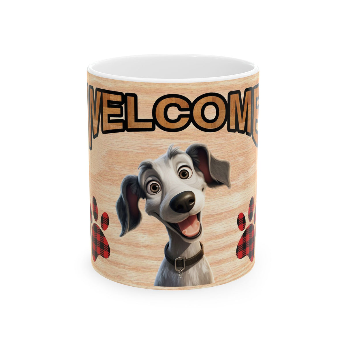 Welcome Dog Ceramic Mug — Cute Happy Pup with Buffalo Plaid Paw Prints 11oz    Item #75831