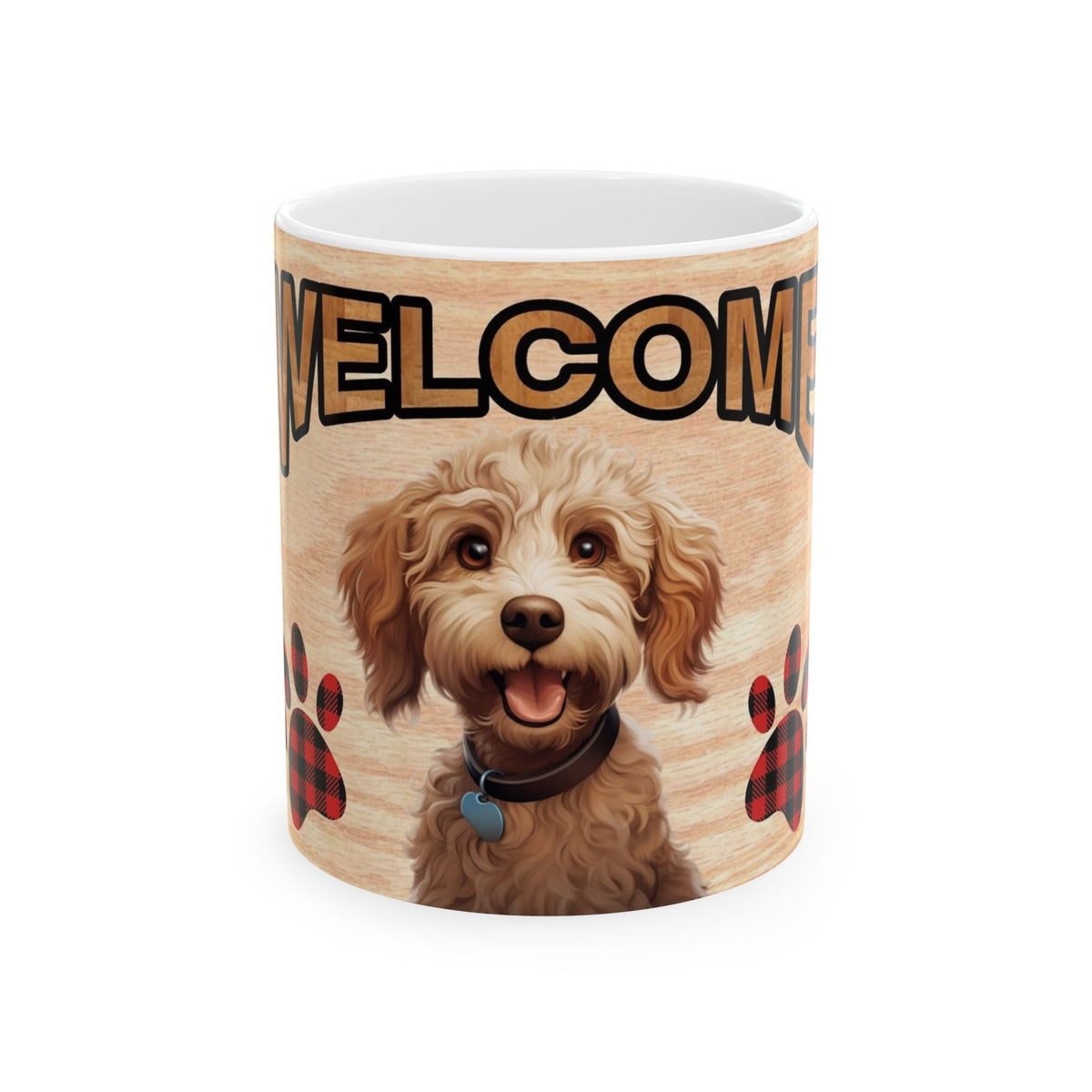 Welcome Dog Illustration Ceramic Mug – Cute Paw Print Coffee Cup 11oz    Item #541008