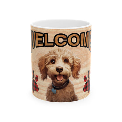 Welcome Dog Illustration Ceramic Mug – Cute Paw Print Coffee Cup 11oz    Item #541008