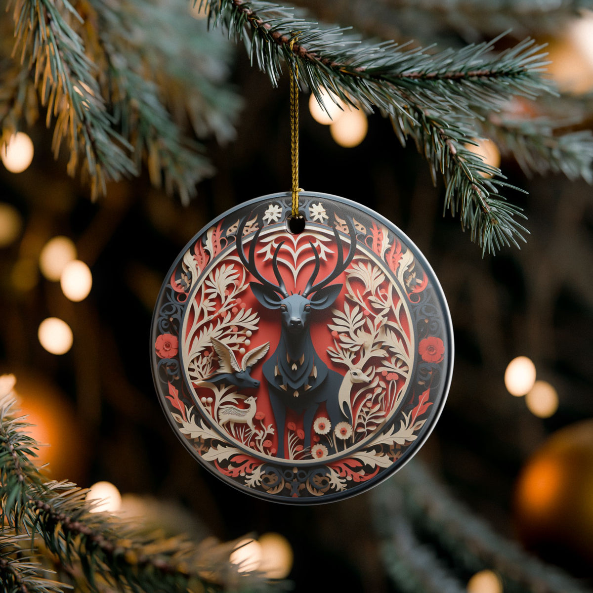 Ceramic Ornament – Nordic Reindeer and Botanical Christmas Tree Decoration    Item #968933