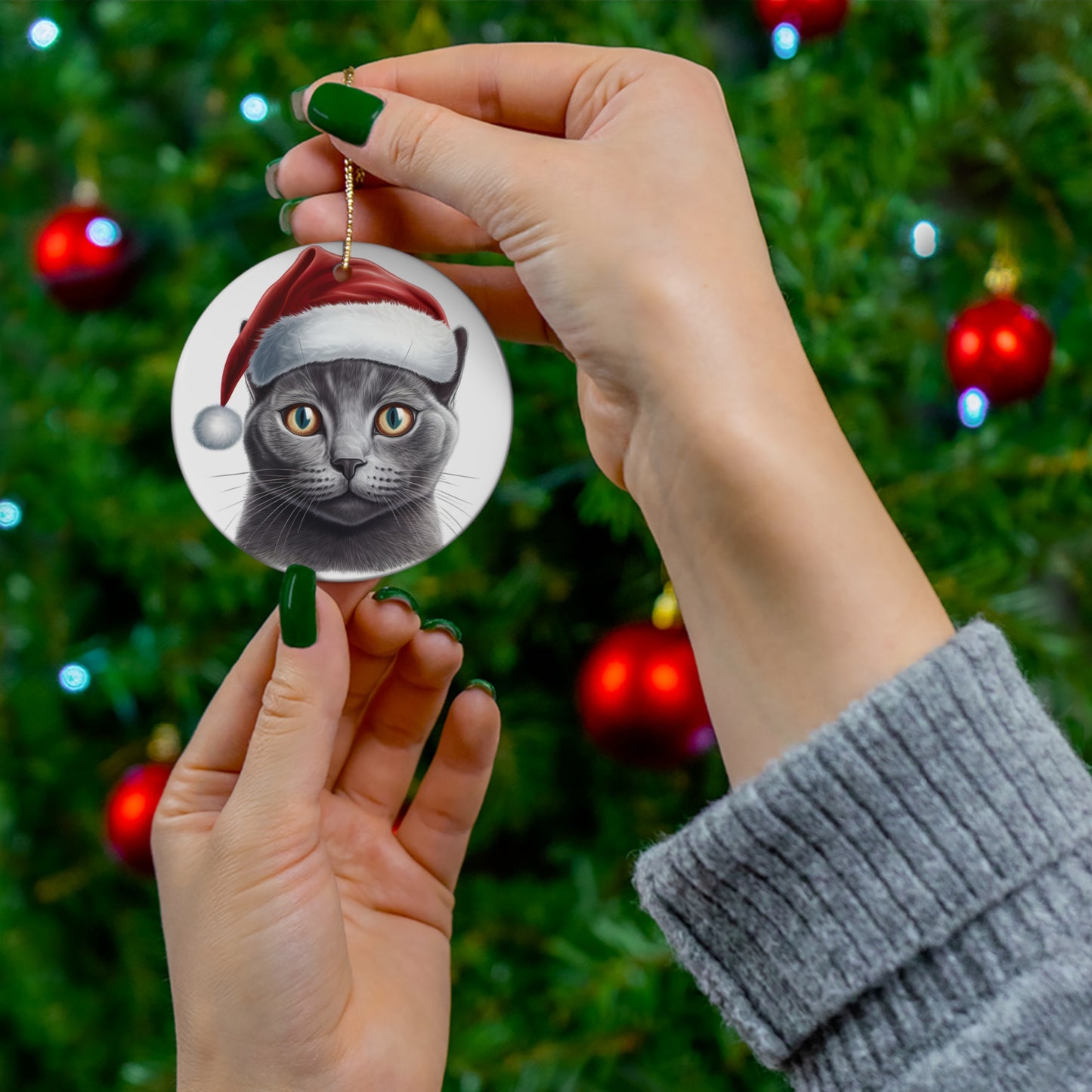 Russian Blue Cat With Santa Hat Ceramic Ornament     Item #7271183