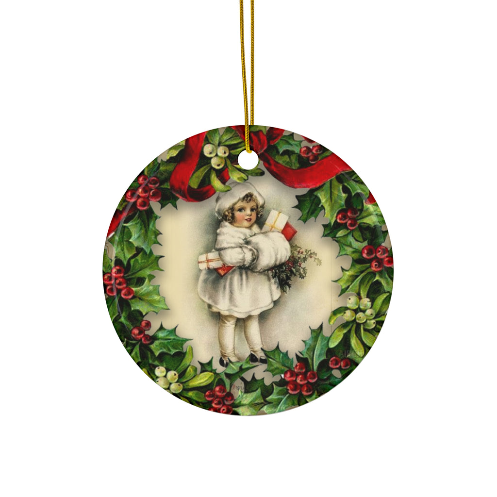 Wreath Girl Ceramic Disc Ornament       Item #503385 - Buckshot's Bargain Barn