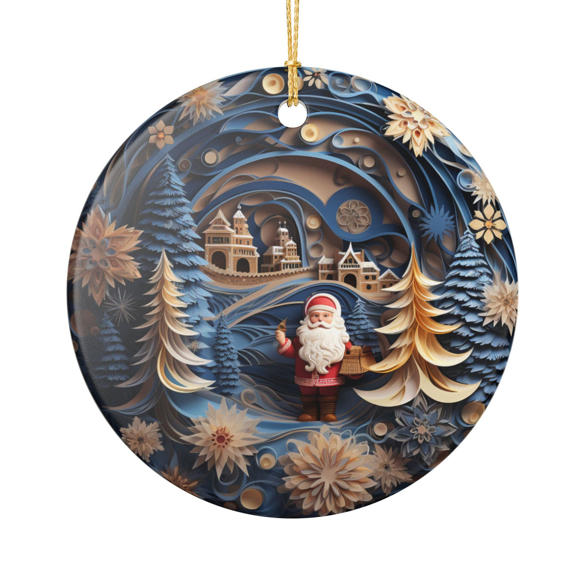 Ceramic Christmas Ornament with Santa and Winter Village Design   Item #768646