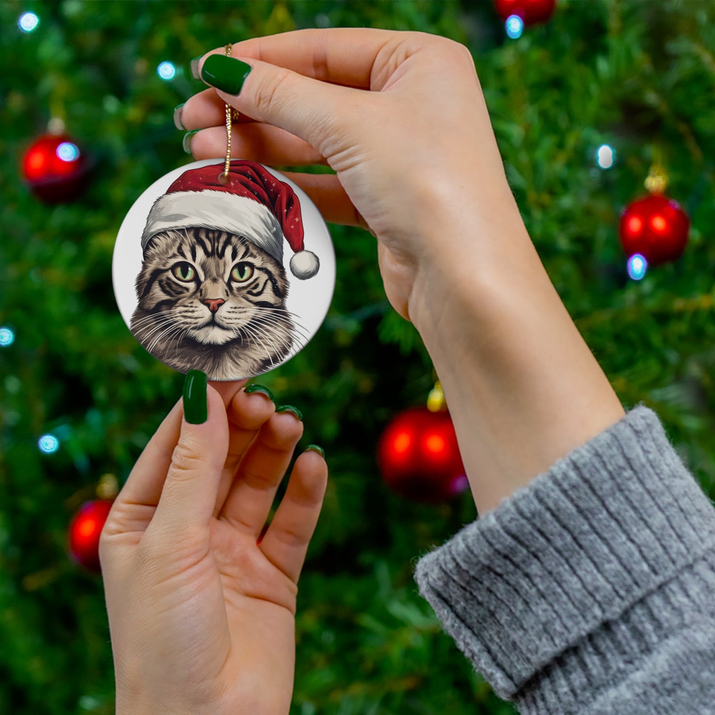 California Spangled Cat With Santa Hat Ceramic Ornament      Item #177382