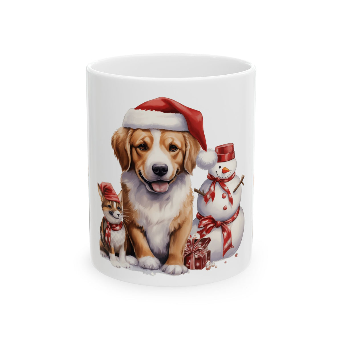 Christmas Dog Ceramic Mug – Festive Puppy with Snowman and Holiday Gifts  11oz   Item #810851