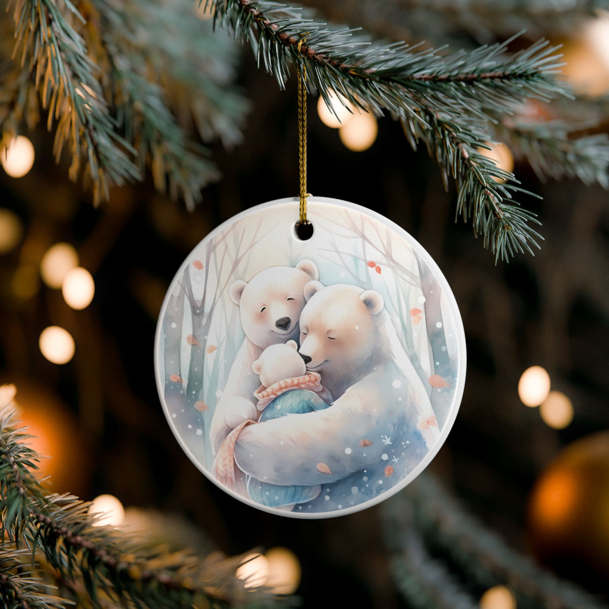 Ceramic Ornament – Cozy Polar Bear Family Winter Holiday Decoration   Item #500982