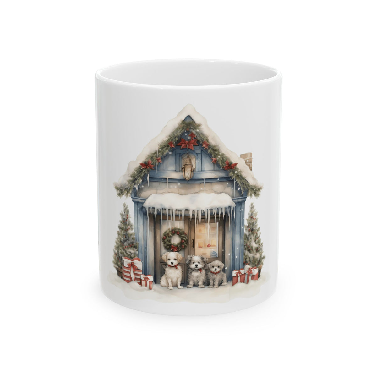 Christmas Puppy Cottage Mug — Winter Holiday Ceramic Coffee Cup 11oz  Item #13398