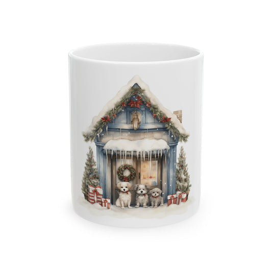 Christmas Puppy Cottage Mug — Winter Holiday Ceramic Coffee Cup 11oz  Item #13398