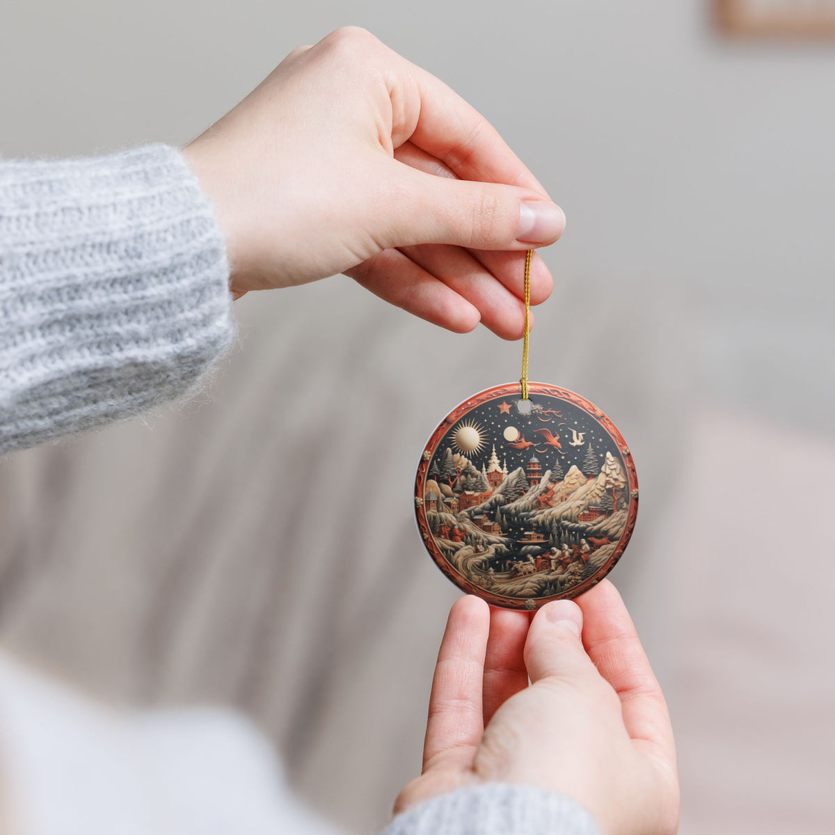 Ceramic Christmas Ornament – Enchanted Winter Village Scene    Item #526725