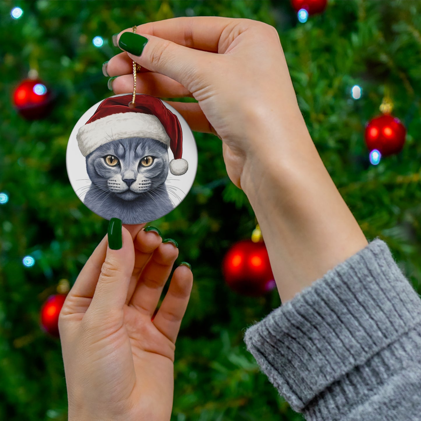 Russian Blue Cat With Santa Hat Ceramic Ornament     Item #2270182