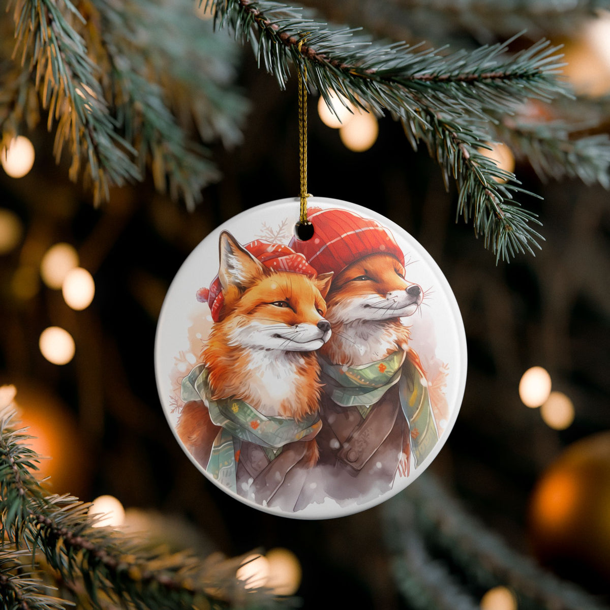 Festive Fox Couple Ceramic Christmas Ornament   Item #276895