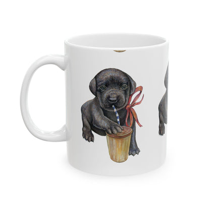 Black Lab Puppy Ceramic Mug — Cute Labrador Puppy with Ribbon Coffee Cup 11oz  Item #2217
