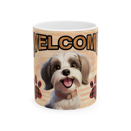 Welcome Dog Illustration Ceramic Mug – Cute Paw Print Coffee Cup 11oz    Item #519299