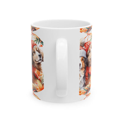 Autumn Dog Mug – Cozy Season Ceramic Coffee Cup with Dogs in Scarves 11oz   Item #829525