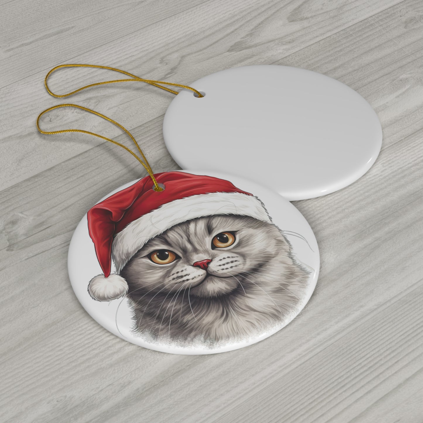 Scottish Fold Cat With Santa Hat Ceramic Ornament     Item #183398