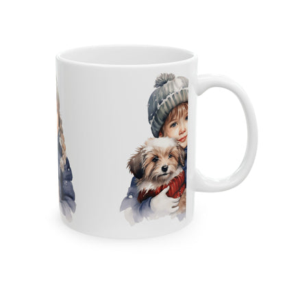 Winter Child & Puppy Ceramic Mug — Cute Holiday Hot Cocoa Cup 11oz  Item #692933