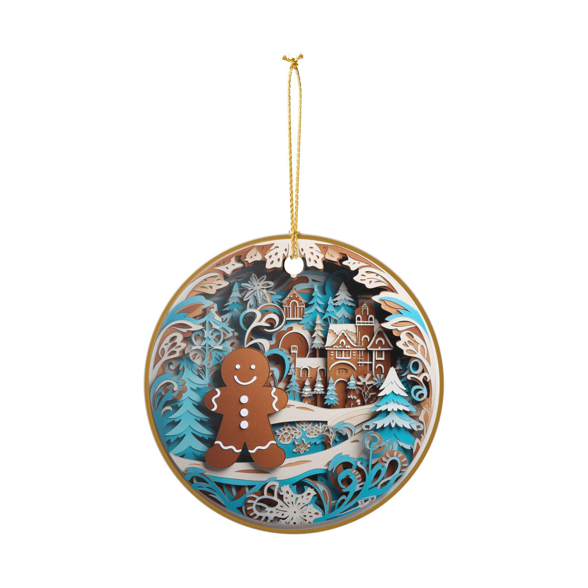 Ceramic Christmas Ornament with Gingerbread Man and Winter Wonderland Design   Item #214363