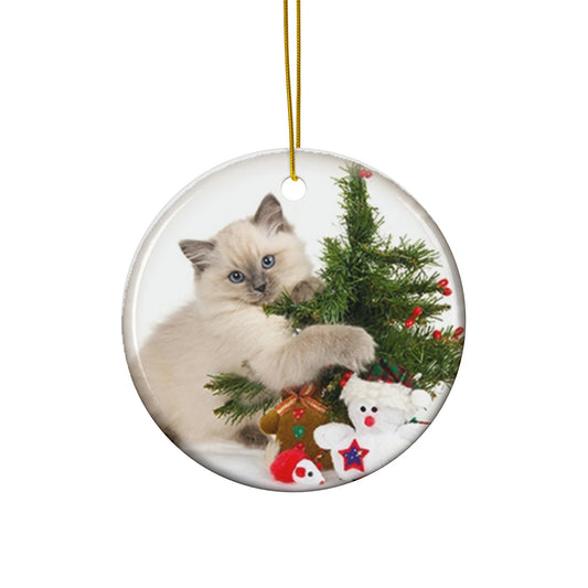 Christmas Cat Ceramic Disc Ornament        Item #4022018