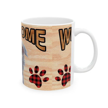 Welcome Dog Illustration Ceramic Mug – Cute Paw Print Coffee Cup 11oz    Item #777651