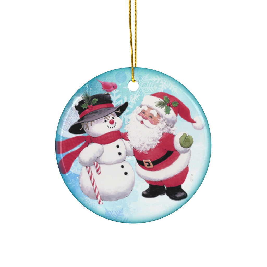 Santa And Snowman Ceramic Disc Ornament       Item #139285 - Buckshot's Bargain Barn