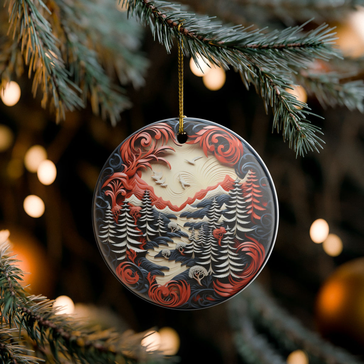 Ceramic Ornament – Majestic Wolf and Winter Forest Wildlife Holiday Decor   Item #945925