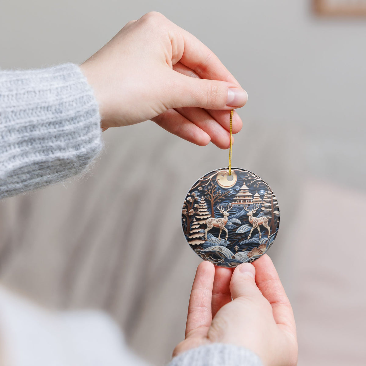Japanese Pagoda and Deer Ceramic Ornament    Item #615396