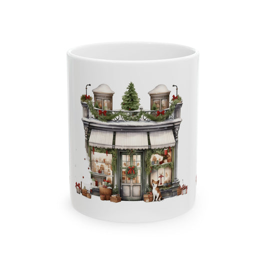Holiday Shopfront Ceramic Mug - Christmas Winter Village Coffee Cup 11oz  Item #414304