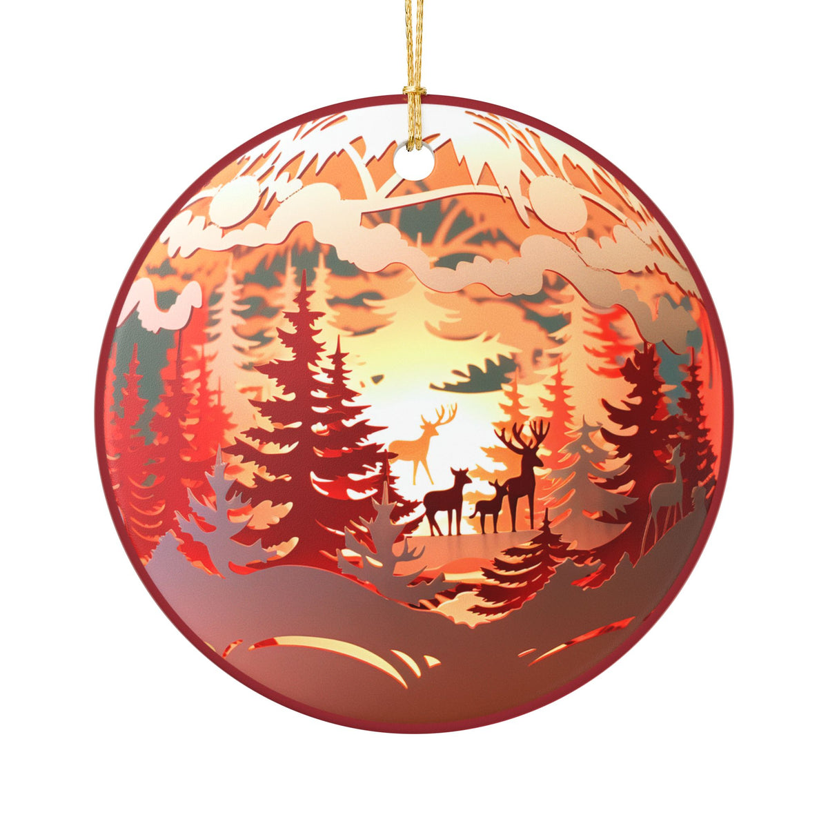 Ceramic Christmas Ornament – Rustic Woodland Deer Forest Scene   Item #783675