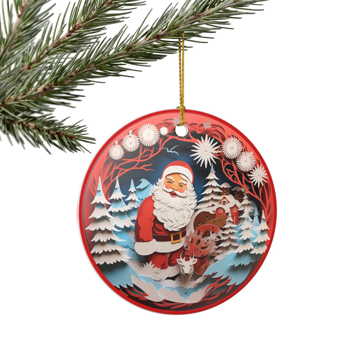 Ceramic Christmas Ornament with Santa, Reindeer & Winter Village   Item #553048