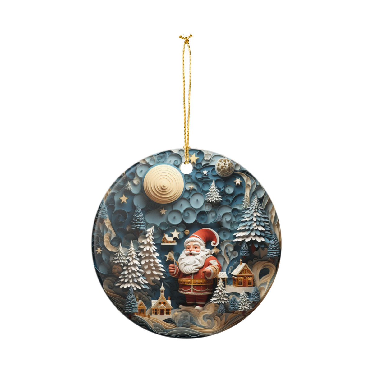 Ceramic Christmas Ornament with Santa, Winter Village & Snowy Forest Design   Item #478394