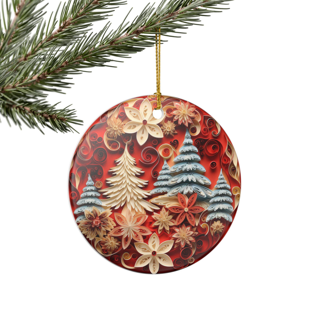 Christmas Ceramic Ornament with Festive Trees and Poinsettias   Item #232561
