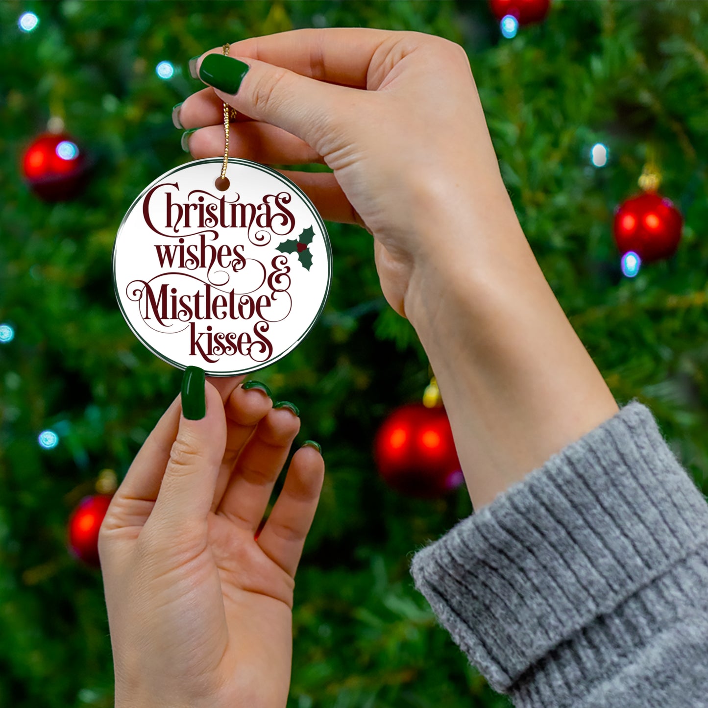 Christmas Wishes Mistletoe Kisses Ceramic Disc Ornament         Item #6348549