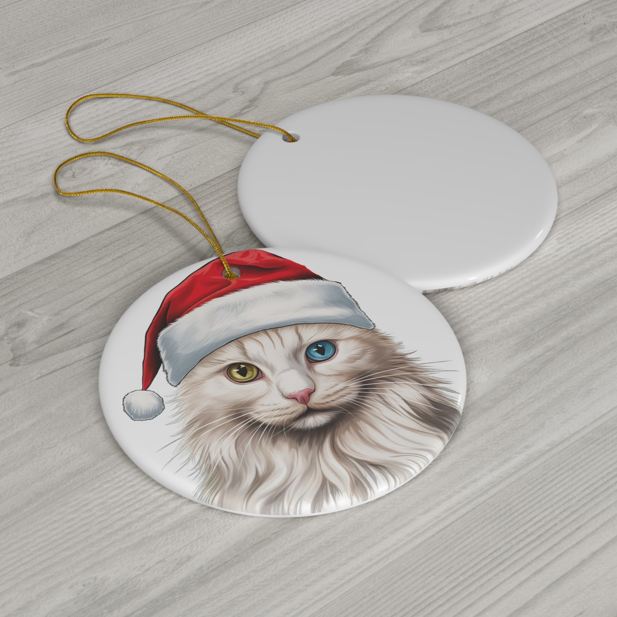 Ceramic Ornament - Turkish Van Cat With Santa Hat      Item #538566