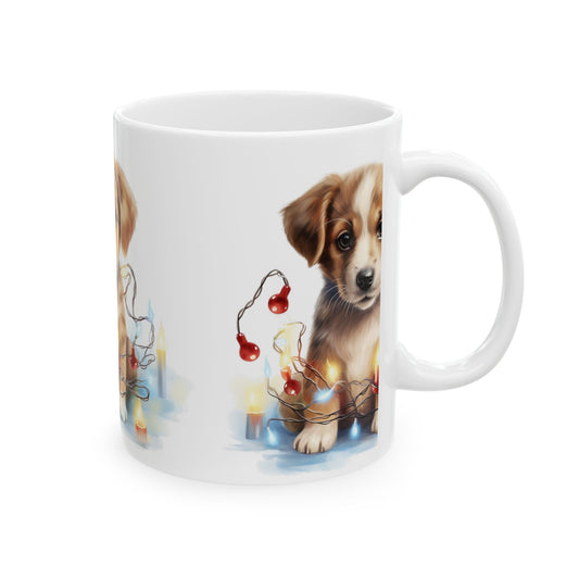 Cute Puppy Christmas Mug — Adorable Puppy with Holiday Lights Ceramic Coffee Cup 11oz   Item #62866
