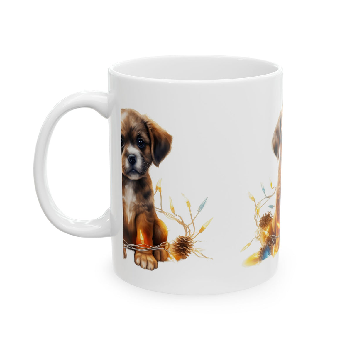Puppy Coffee Mug — Cute Brown Puppy with Floral Wreath Ceramic Mug 11oz    Item #1004