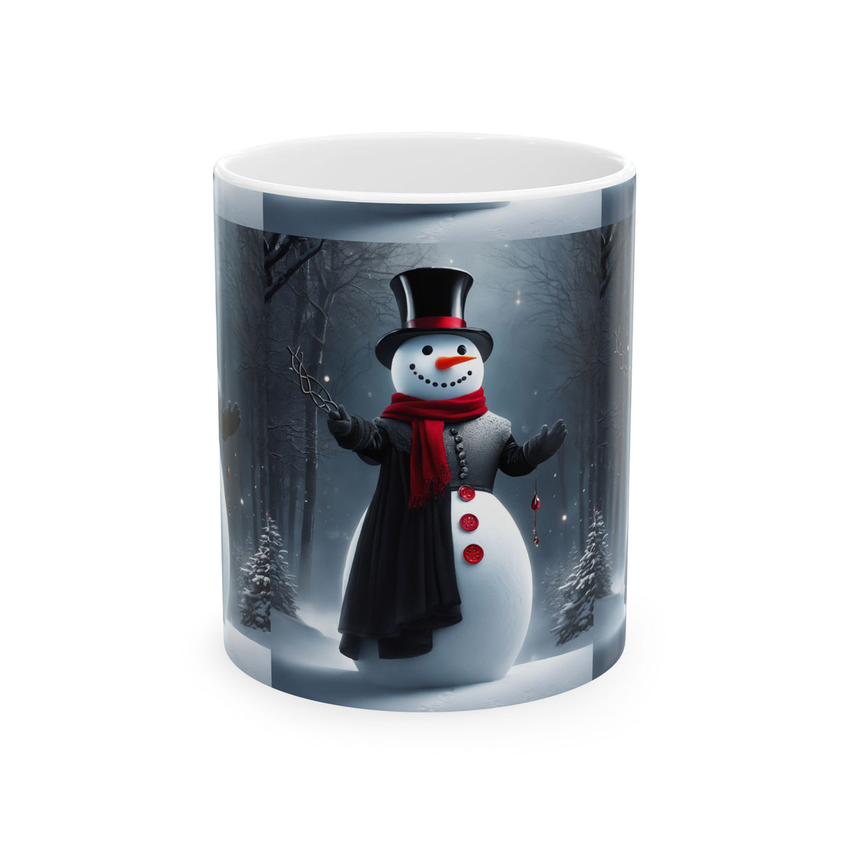 Snowman Holiday Mug – Festive Winter Scene Ceramic Coffee Cup 11oz    Item #27419