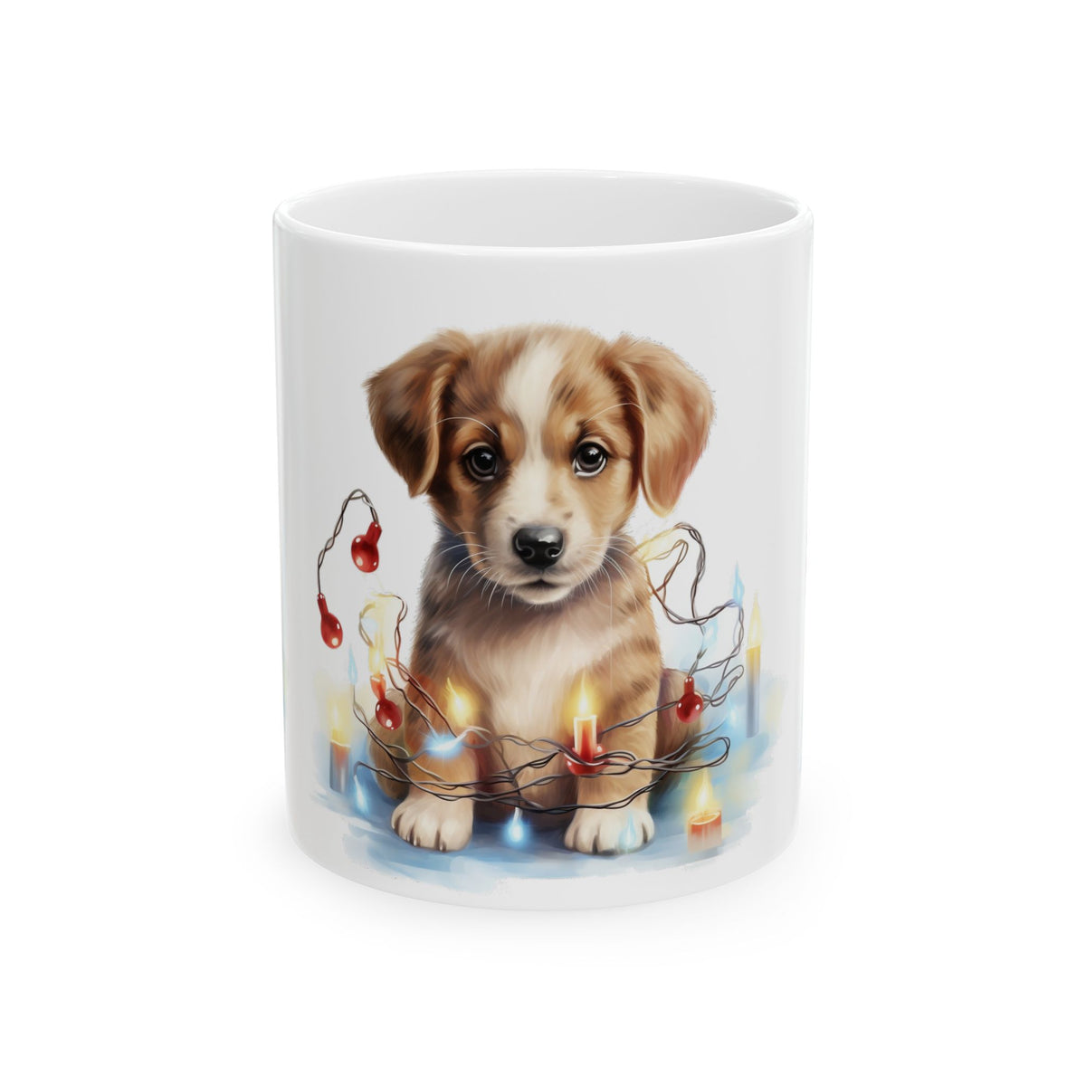 Cute Puppy Christmas Mug — Adorable Puppy with Holiday Lights Ceramic Coffee Cup 11oz   Item #62866