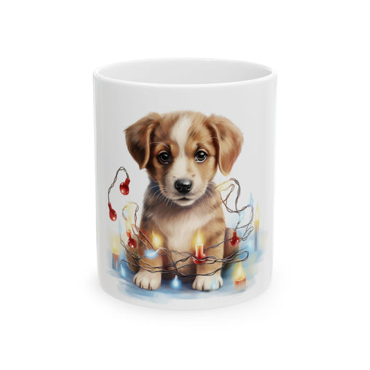 Cute Puppy Christmas Mug — Adorable Puppy with Holiday Lights Ceramic Coffee Cup 11oz   Item #62866