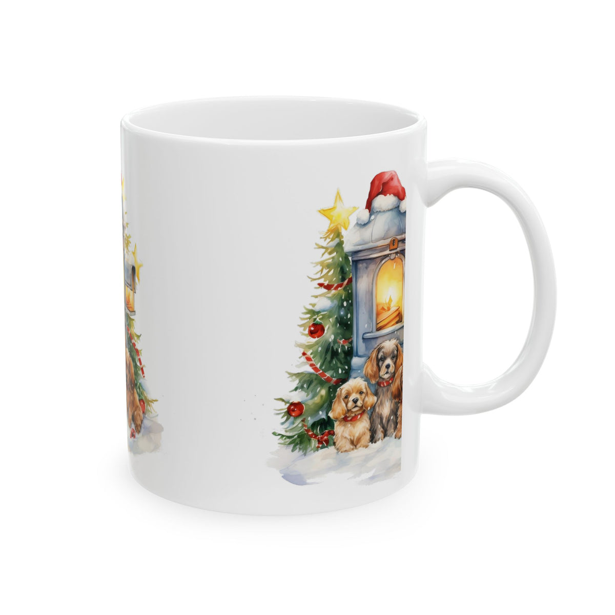 Christmas Puppy Mug — Cozy Stove, Tree & Santa Hat 11oz  Item #660451