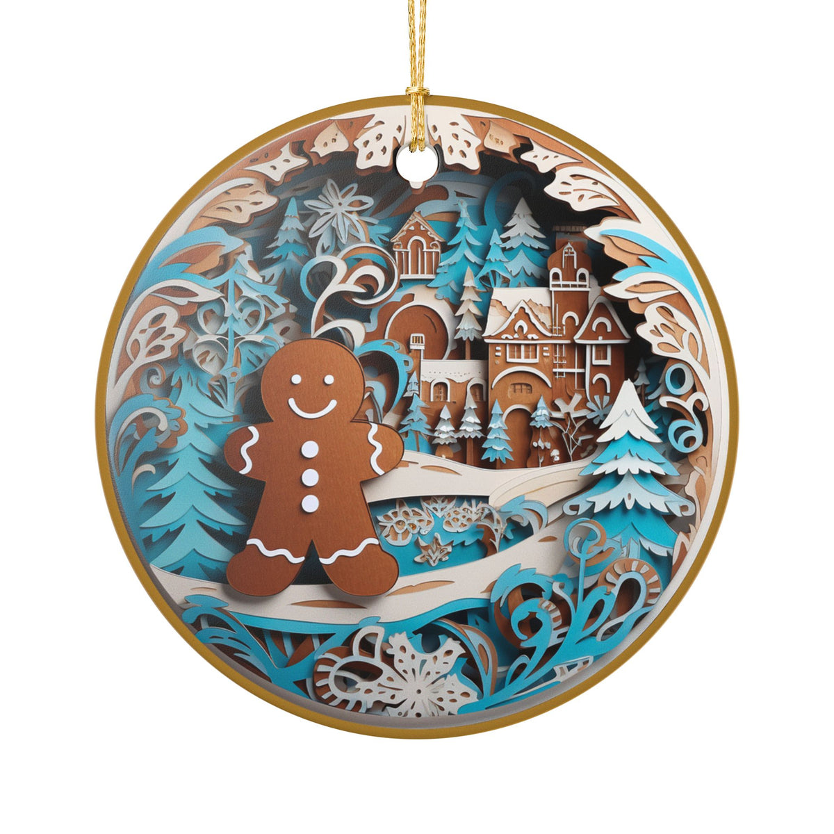 Ceramic Christmas Ornament with Gingerbread Man and Winter Wonderland Design   Item #214363