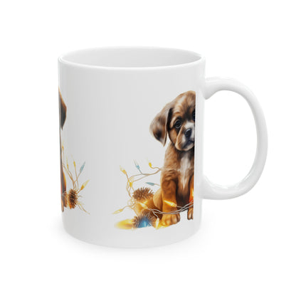 Puppy Coffee Mug — Cute Brown Puppy with Floral Wreath Ceramic Mug 11oz    Item #1004