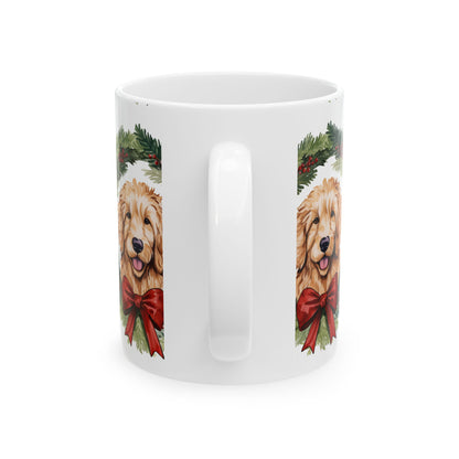 Golden Doodle Christmas Mug — Holiday Wreath with Red Bow 11oz  Item #505705