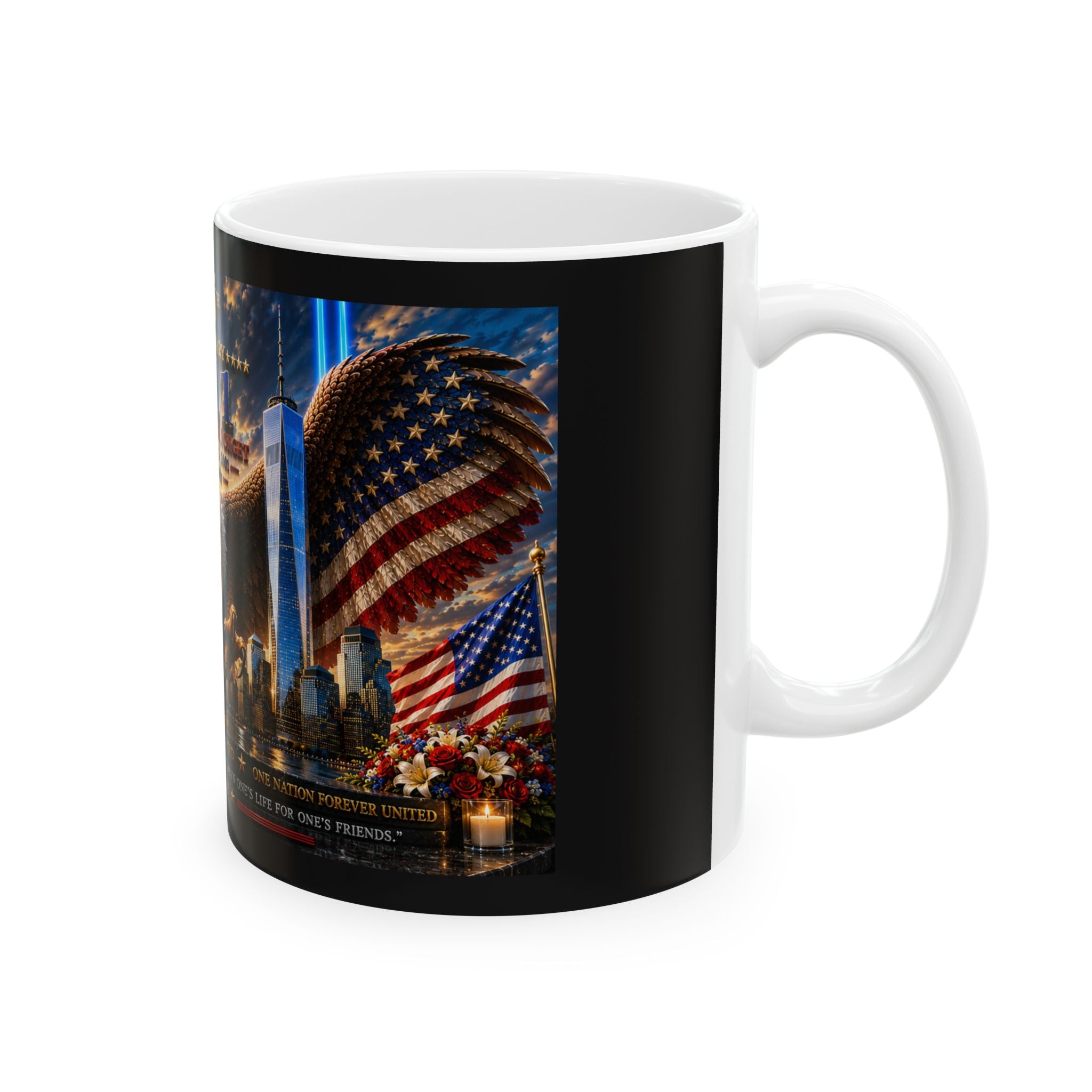 25th Anniversary 9/11 Memorial Ceramic Mug — 'We Will Never Forget' Patriotic Eagle Tribute 11oz  Item #36786