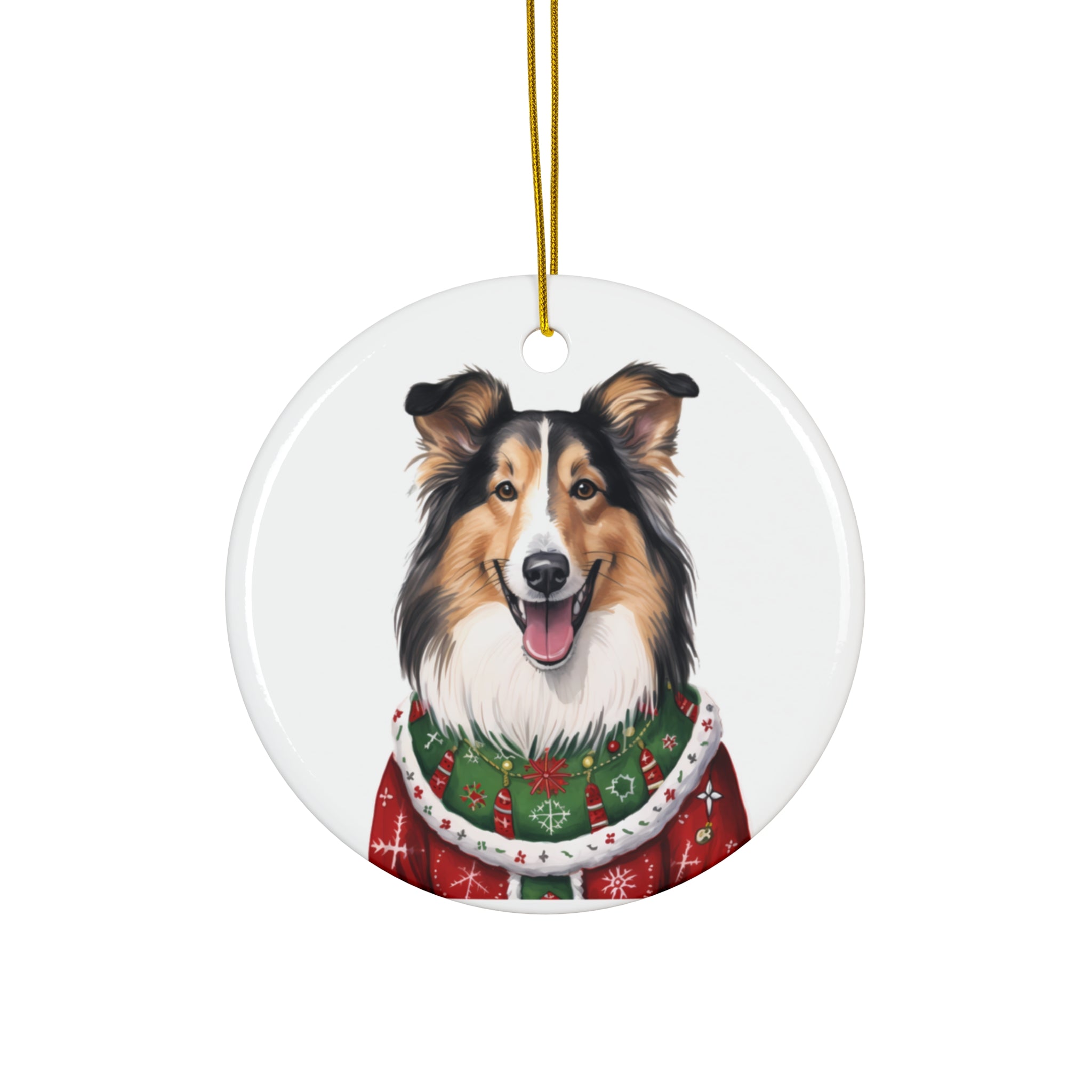 Dog With Christmas Sweater Ceramic Disc Ornament              Item #3053239