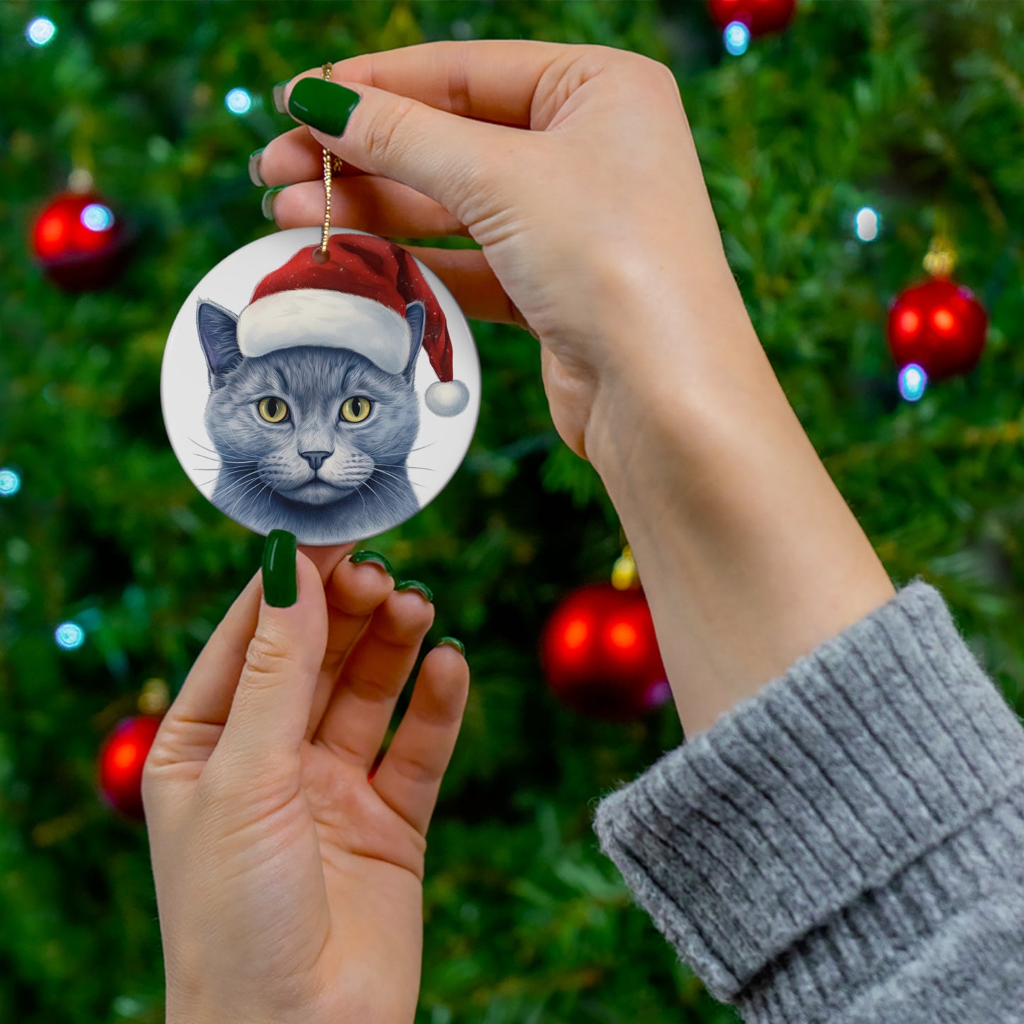 Russian Blue Cat With Santa Hat Ceramic Ornament     Item #2535601