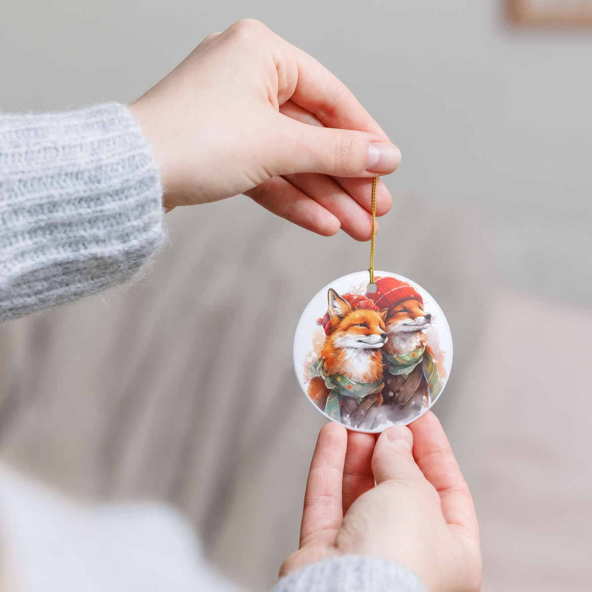 Festive Fox Couple Ceramic Christmas Ornament   Item #276895