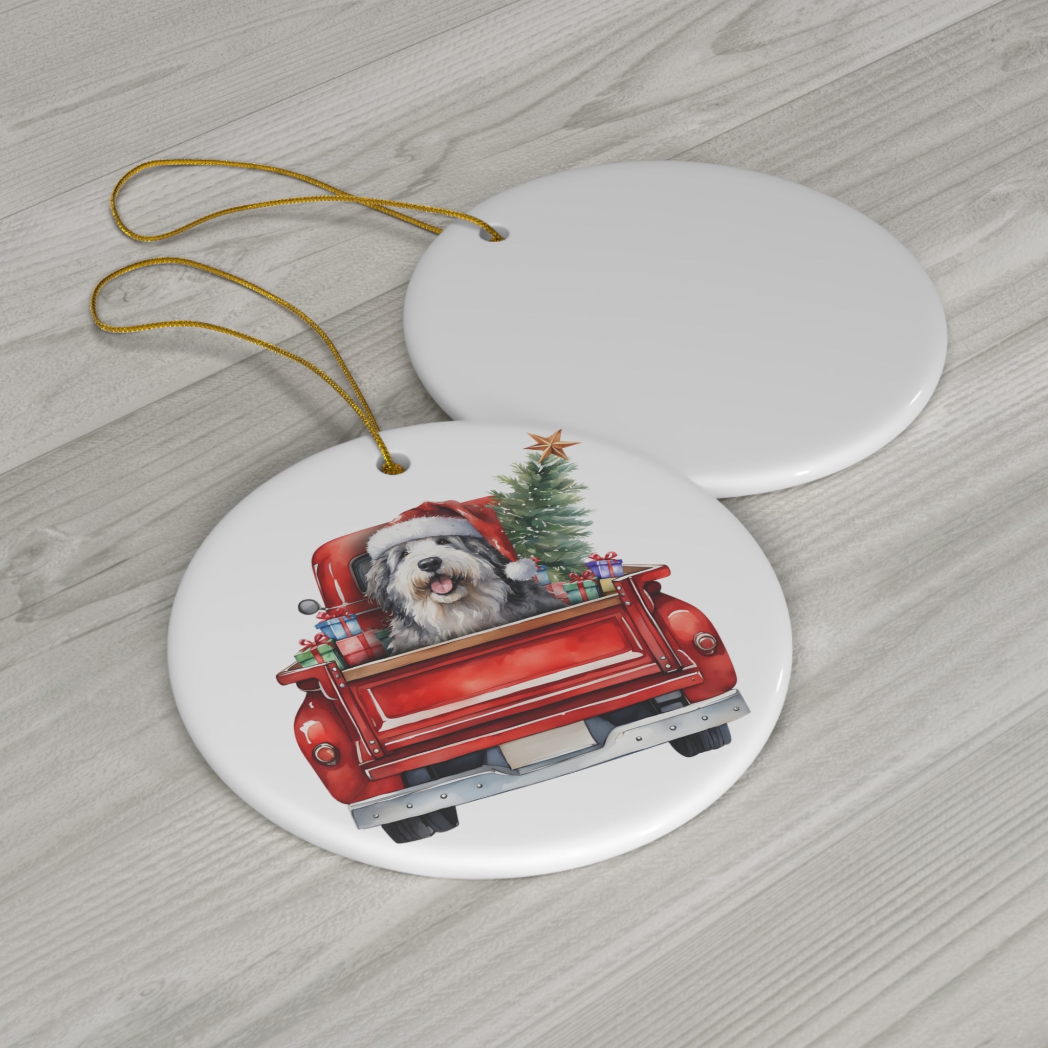 Old English Sheepdog Christmas Dog In Red Truck Ceramic Disc Ornament          Item #9733547 - Buckshot's Bargain Barn